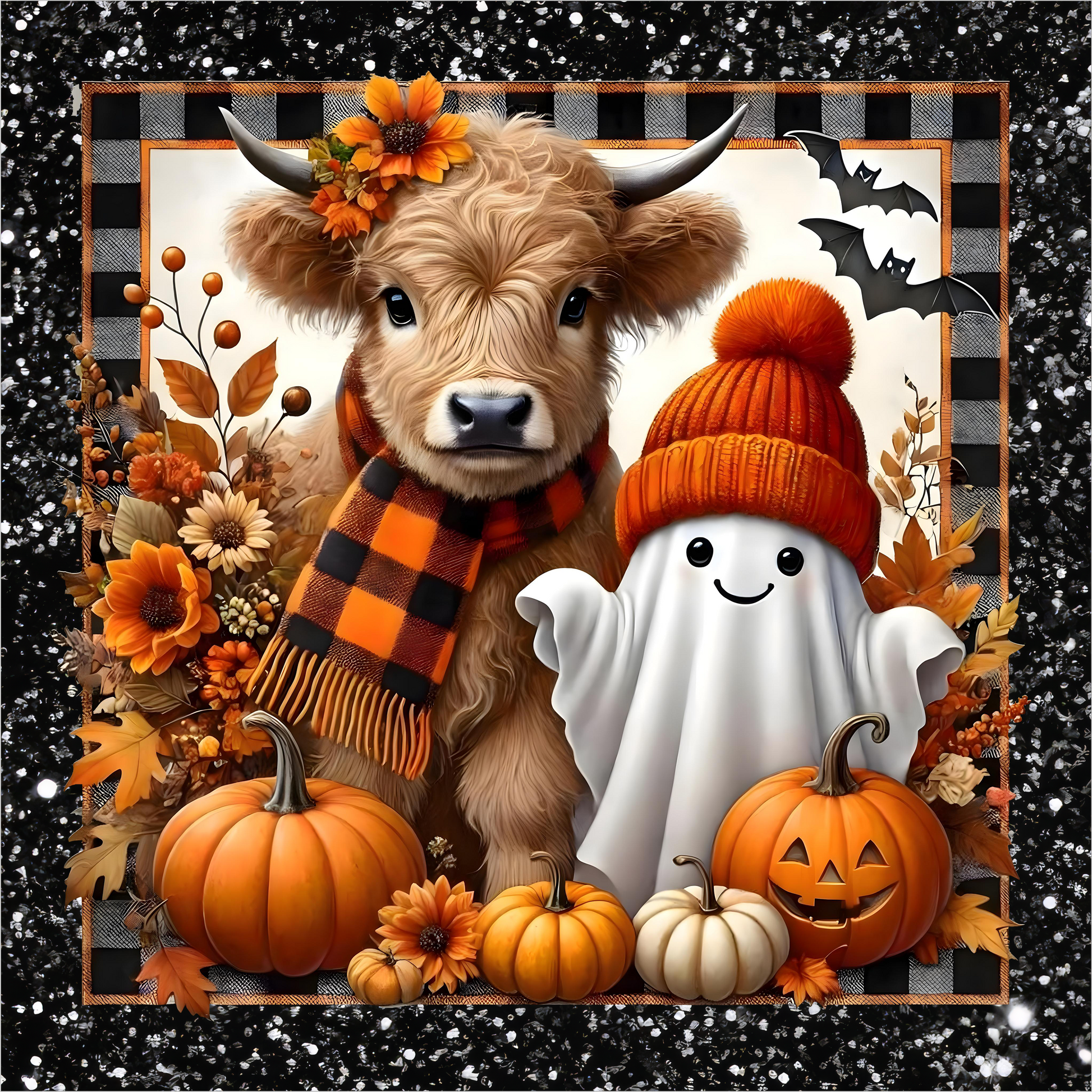 Highland Cow with Ghost Pumpkins Square Wreath Sign
