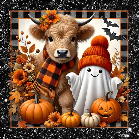 Highland Cow with Ghost Pumpkins Square Wreath Sign
