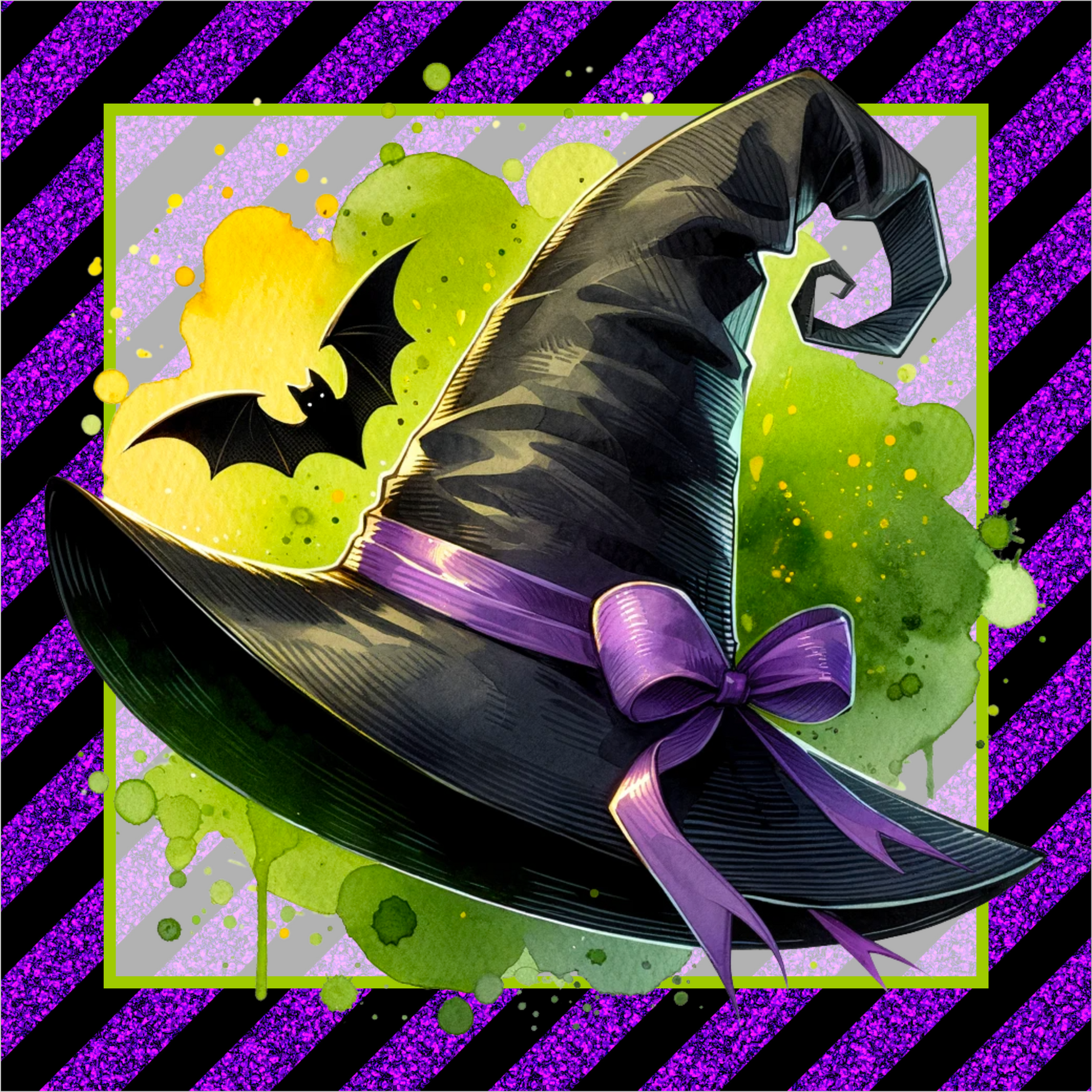 Witches Hat Bat Purple Black Stripe Square Wreath Sign