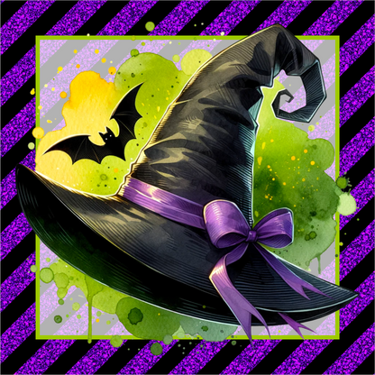Witches Hat Bat Purple Black Stripe Square Wreath Sign