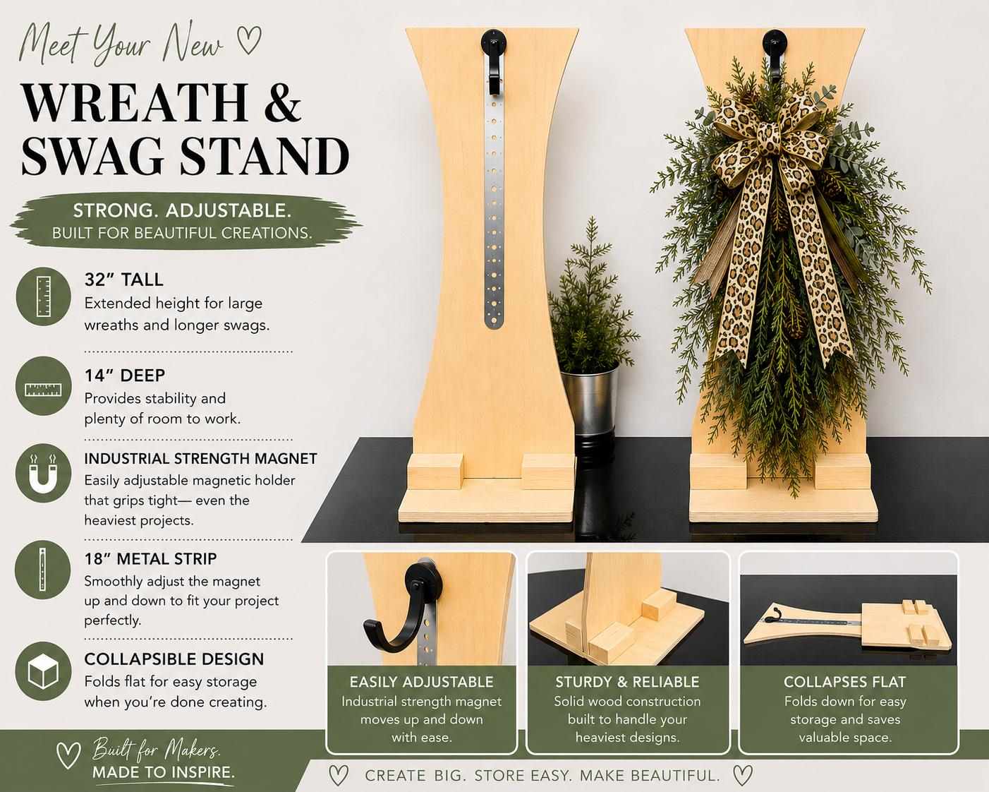 An infographic-style product presentation of a wooden Wreath & Swag Stand, showing the stand holding a hanging wreath with greenery and a leopard-print bow. The left side includes feature callouts and text, while the right side shows the stand in use with a small plant.