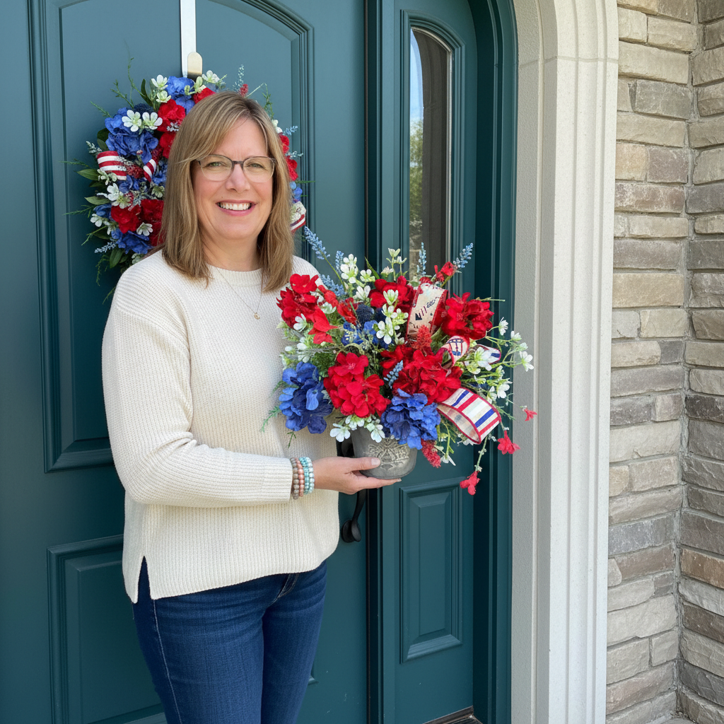 Americana Floral Hanging Metal Bucket, Red White Blue Vintage Rustic Summer Front Door Decor