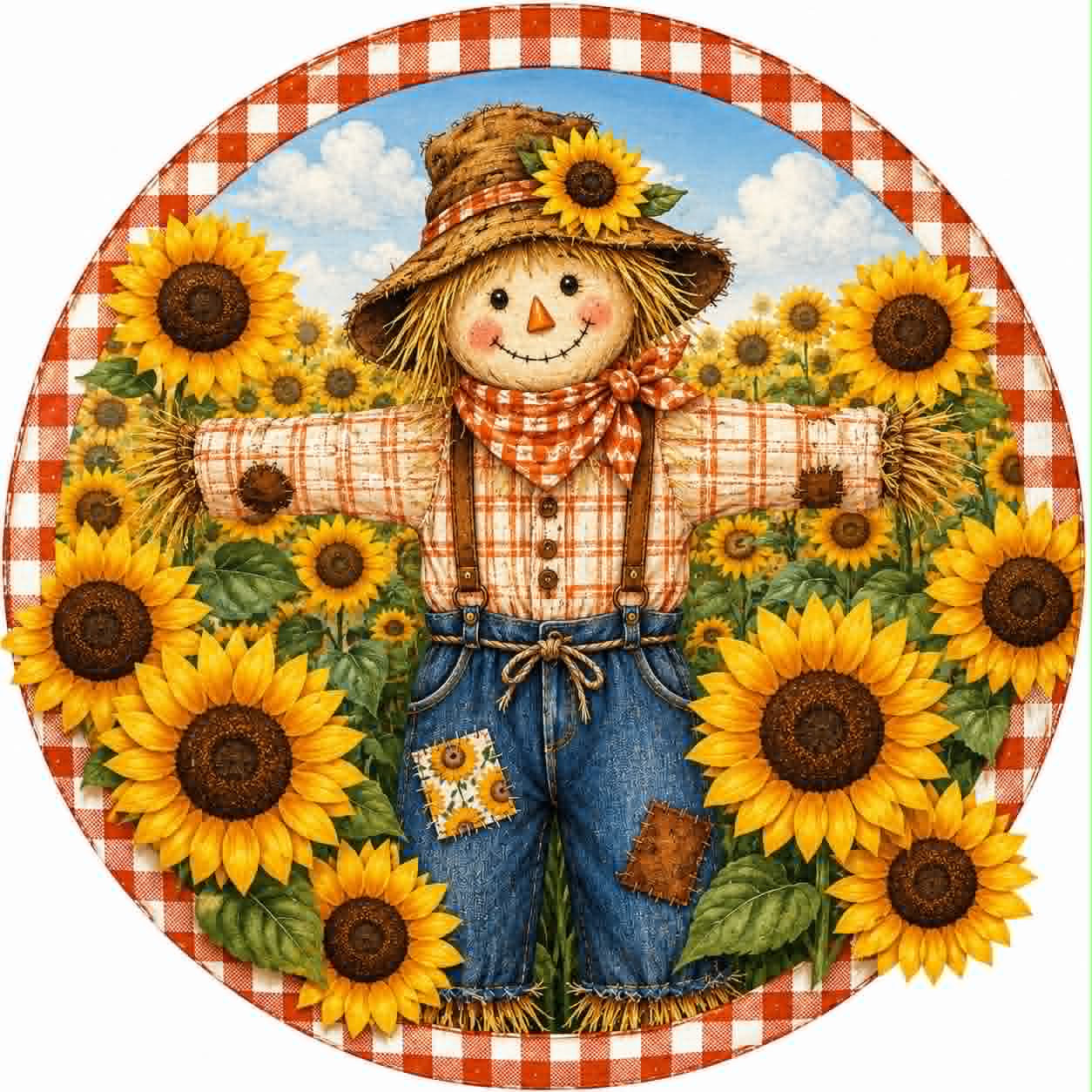 Fall Scarecrow Wreath Sign | Sunflower Field Orange White Gingham | Round Metal Sign
