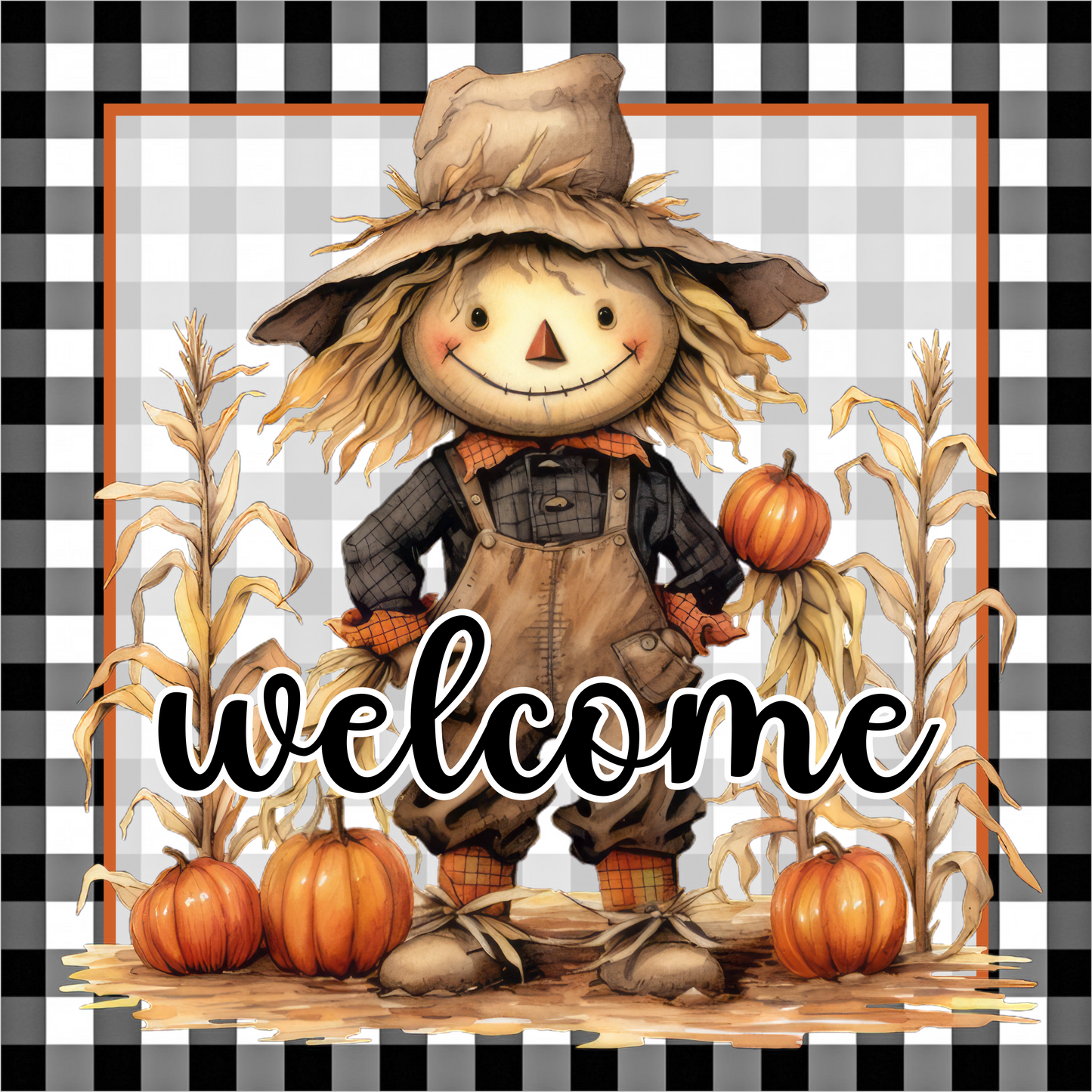 Welcome Fall Scarecrow Pumpkins Cornstalks Buffalo Plaid Square Wreath Sign