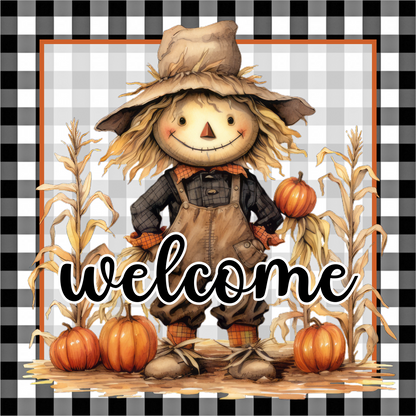 Welcome Fall Scarecrow Pumpkins Cornstalks Buffalo Plaid Square Wreath Sign