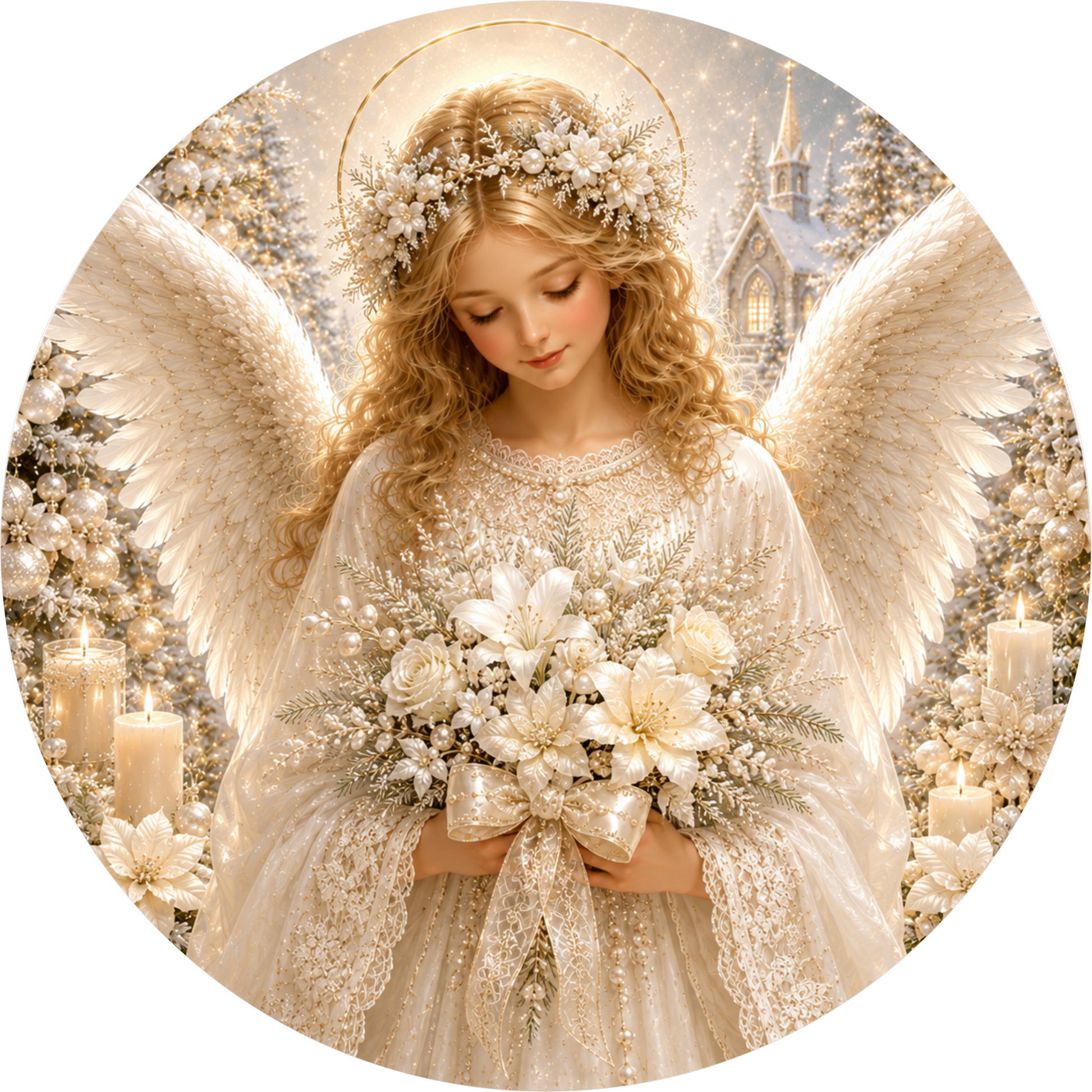 White-on-White Angel Girl — Christmas Round Wreath Sign