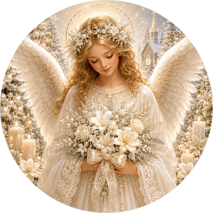 White-on-White Angel Girl — Christmas Round Wreath Sign