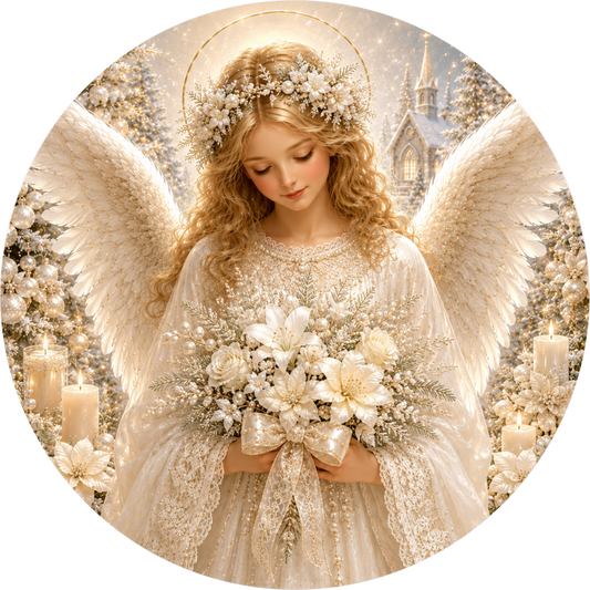 White-on-White Angel Girl — Christmas Round Wreath Sign