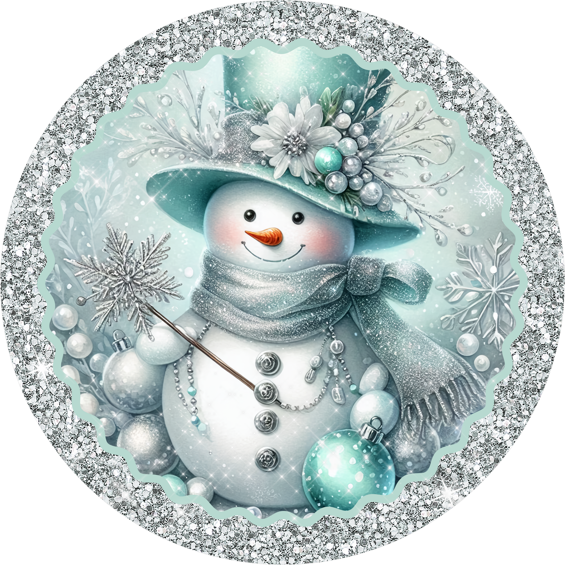 Glam Aqua Snowman — Winter Round Wreath Sign