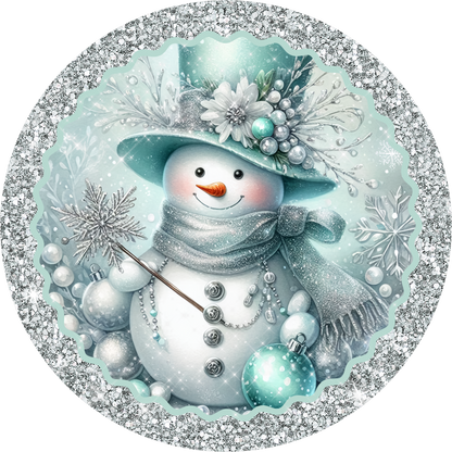 Glam Aqua Snowman — Winter Round Wreath Sign