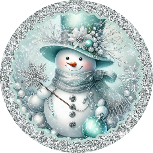 Glam Aqua Snowman — Winter Round Wreath Sign