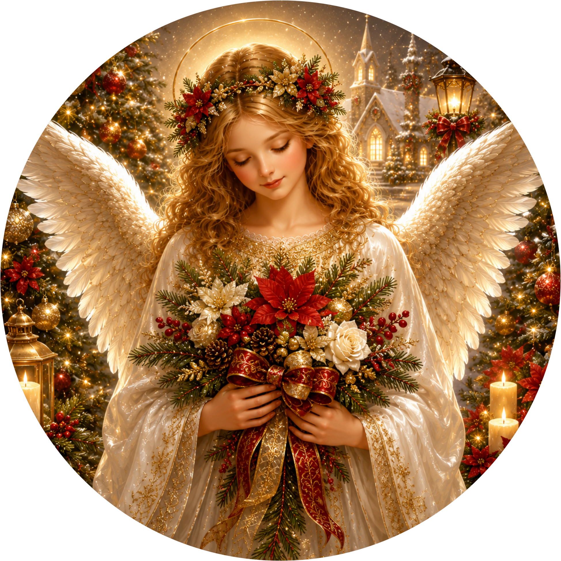 White Angel with Red Poinsettias — Christmas Round Wreath Sign