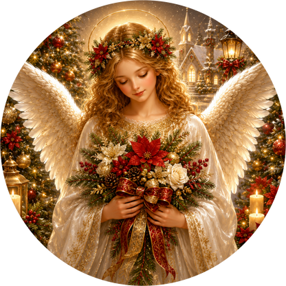 White Angel with Red Poinsettias — Christmas Round Wreath Sign