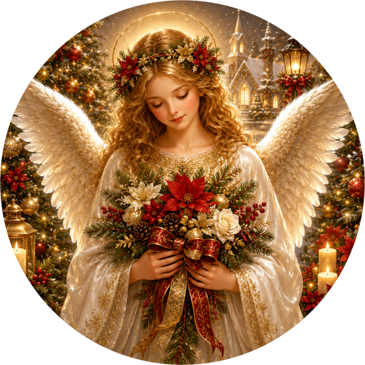 White Angel with Red Poinsettias — Christmas Round Wreath Sign