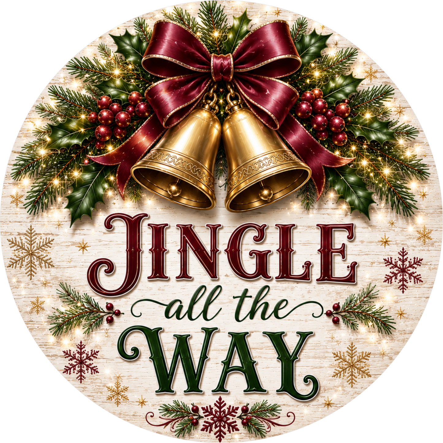 Jingle All the Way in Burgundy — Christmas Round Wreath Sign