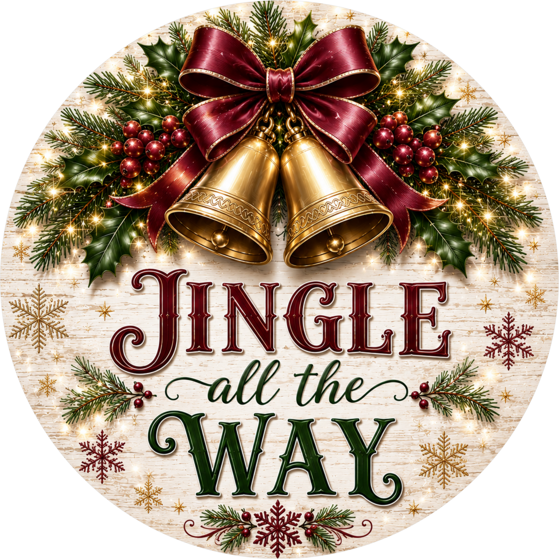 Jingle All the Way in Burgundy — Christmas Round Wreath Sign