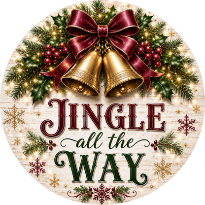 Jingle All the Way in Burgundy — Christmas Round Wreath Sign