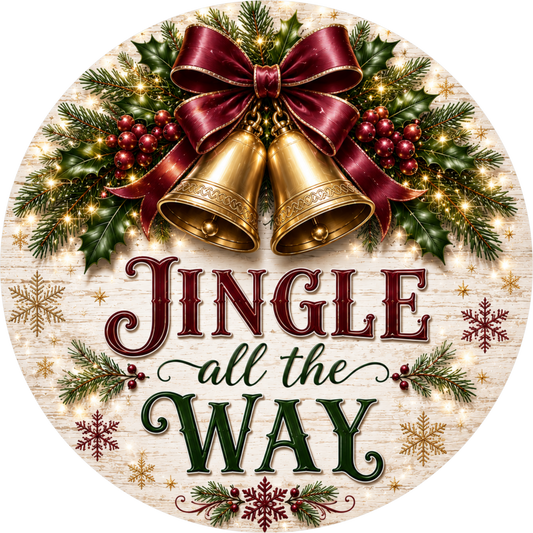 Jingle All the Way in Burgundy — Christmas Round Wreath Sign