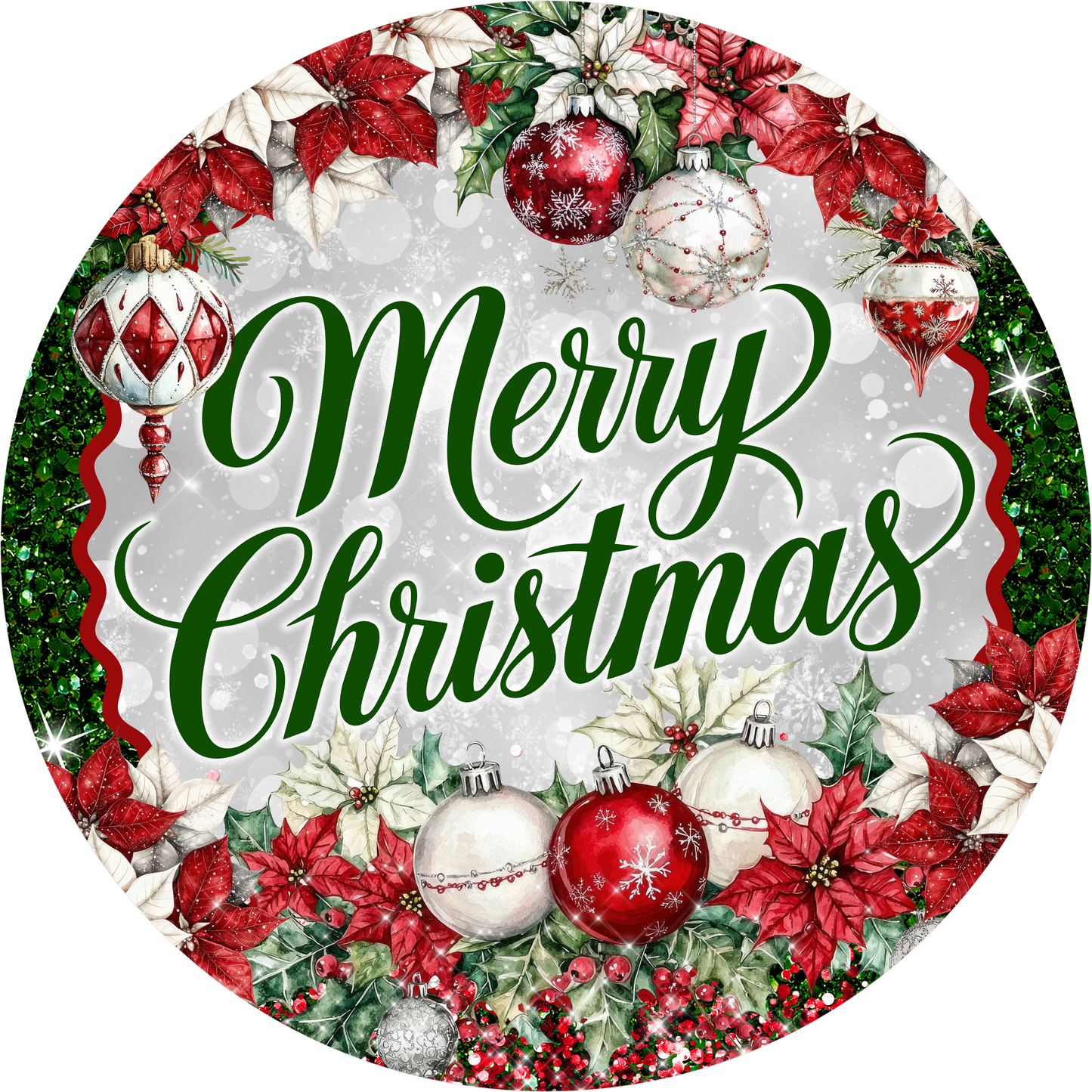 Red Poinsettias and Ornaments for a Merry Christmas — Round Wreath Sign