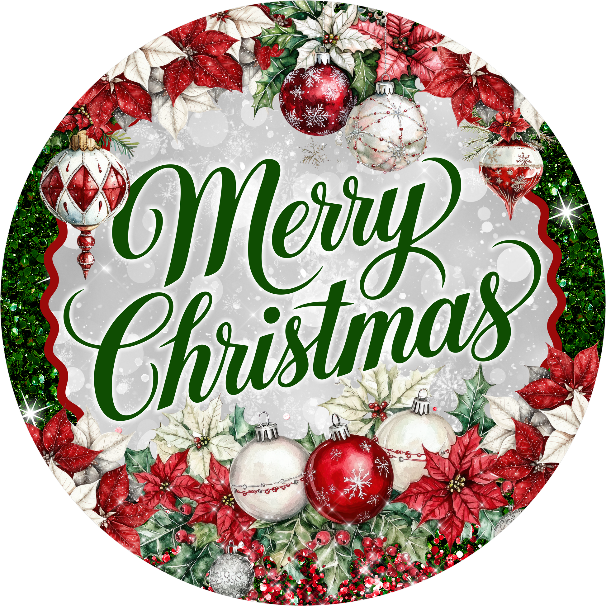 Red Poinsettias and Ornaments for a Merry Christmas — Round Wreath Sign