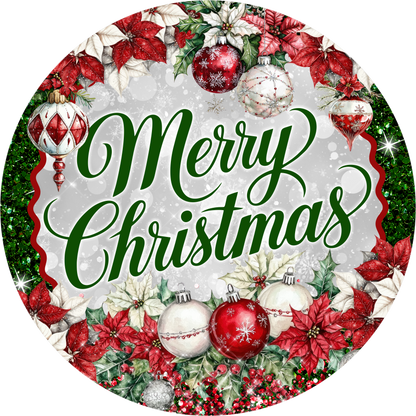 Red Poinsettias and Ornaments for a Merry Christmas — Round Wreath Sign