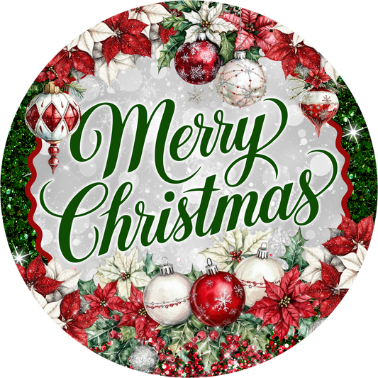 Red Poinsettias and Ornaments for a Merry Christmas — Round Wreath Sign