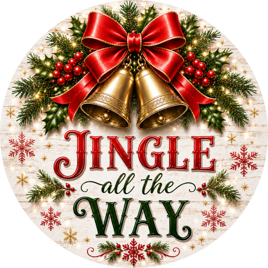 Jingle All the Way in Red — Christmas Round Wreath Sign