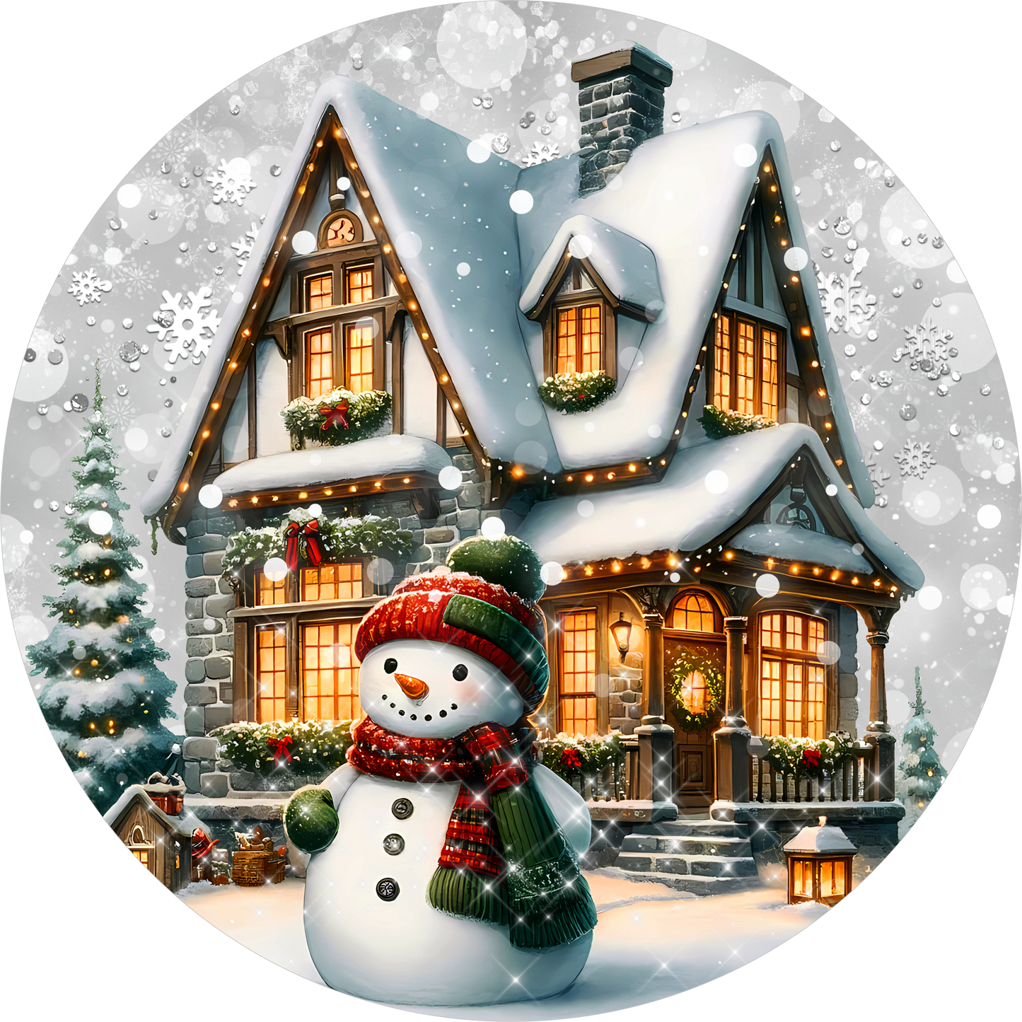 Snowman at the Winter Chalet — Round Wreath Sign