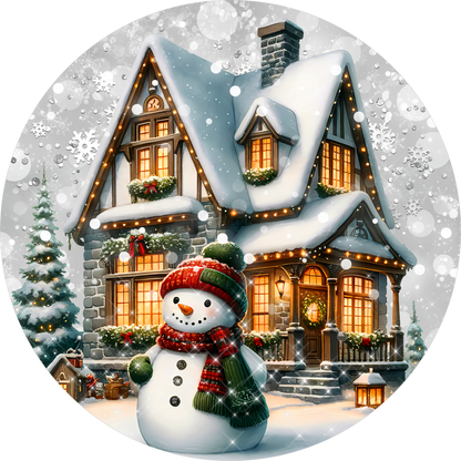Snowman at the Winter Chalet — Round Wreath Sign