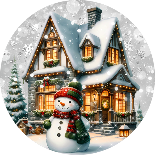 Snowman at the Winter Chalet — Round Wreath Sign