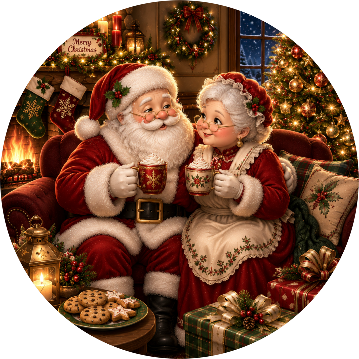 Santa and Mrs. Claus — Christmas Round Wreath Sign