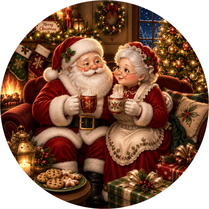 Santa and Mrs. Claus — Christmas Round Wreath Sign