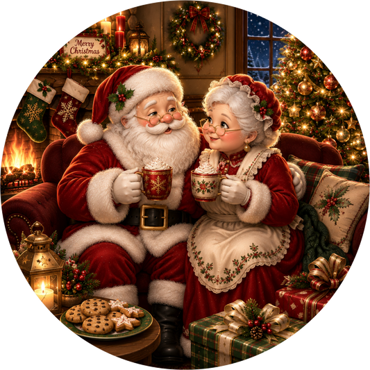 Santa and Mrs. Claus — Christmas Round Wreath Sign