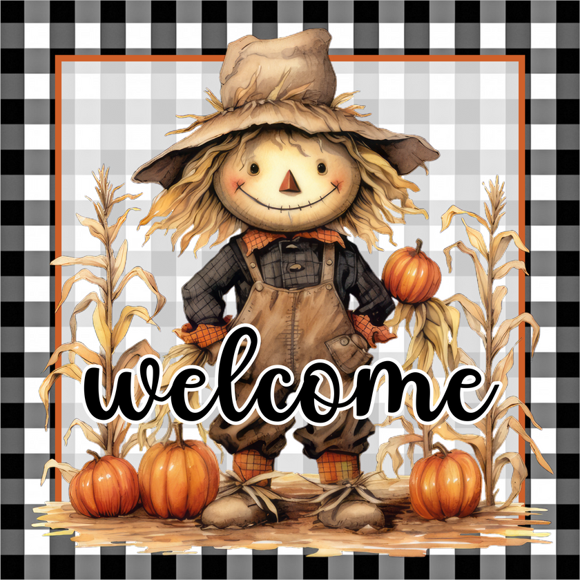 Welcome Fall Scarecrow Pumpkins Cornstalks Buffalo Plaid Square Wreath Sign padded