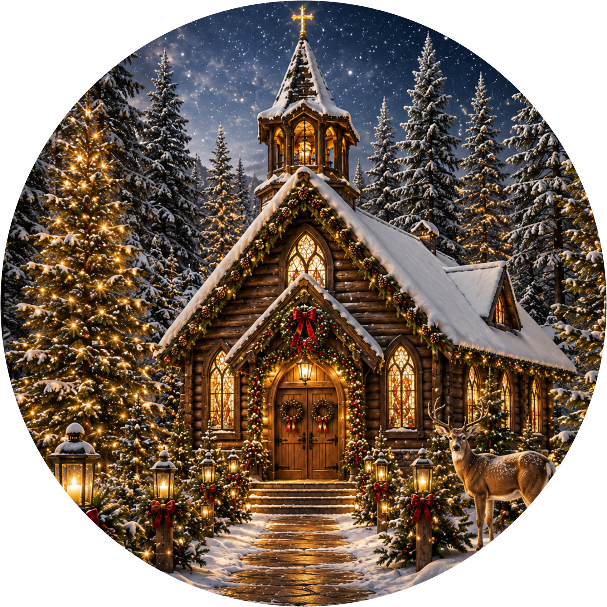 Deer at the Woodland Chapel — Christmas Round Wreath Sign