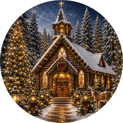 Deer at the Woodland Chapel — Christmas Round Wreath Sign