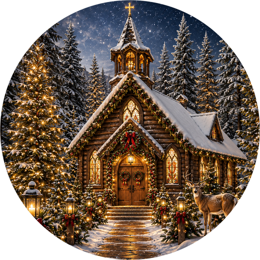 Deer at the Woodland Chapel — Christmas Round Wreath Sign
