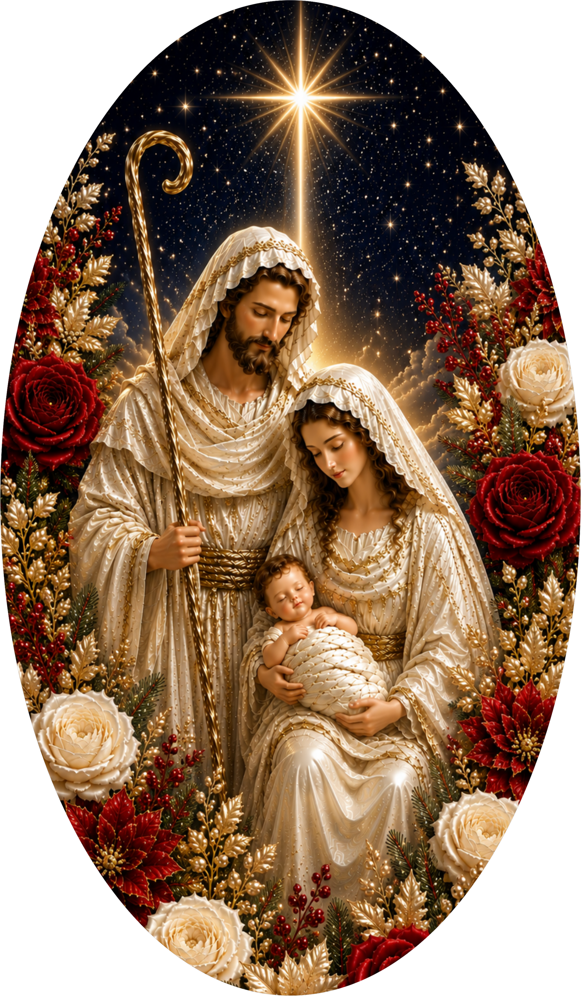 Red and Ivory Nativity — Christmas Oval Wreath Sign