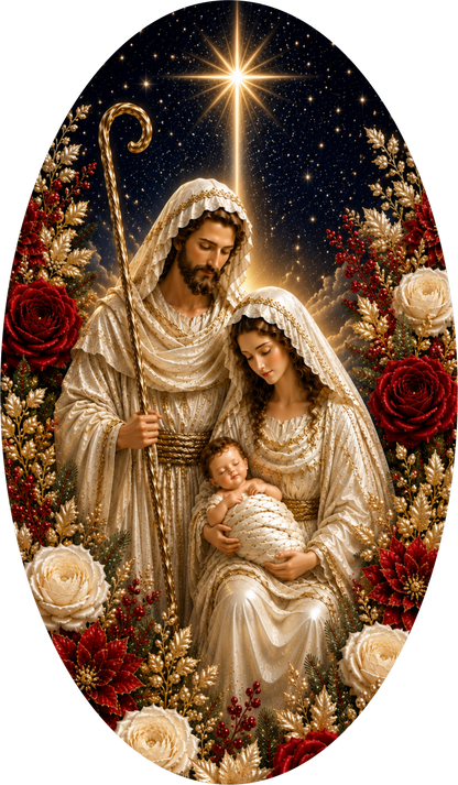 Red and Ivory Nativity — Christmas Oval Wreath Sign