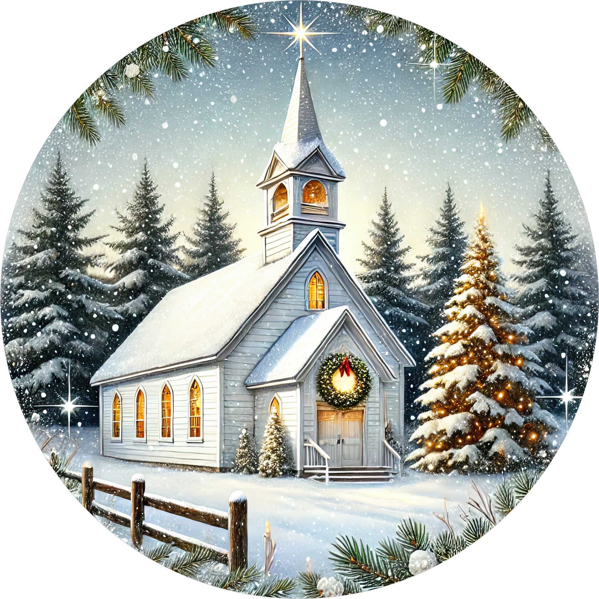 White Church in the Woods — Christmas Round Wreath Sign