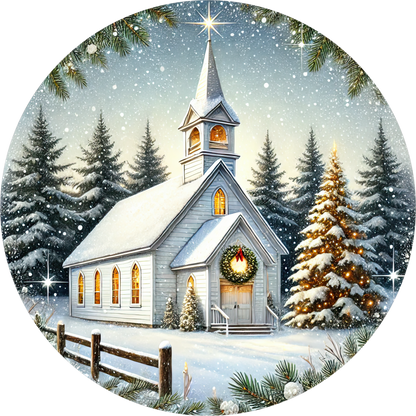 White Church in the Woods — Christmas Round Wreath Sign