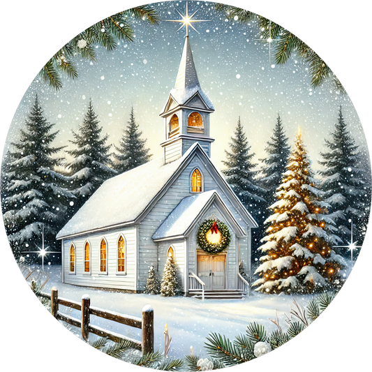 White Church in the Woods — Christmas Round Wreath Sign