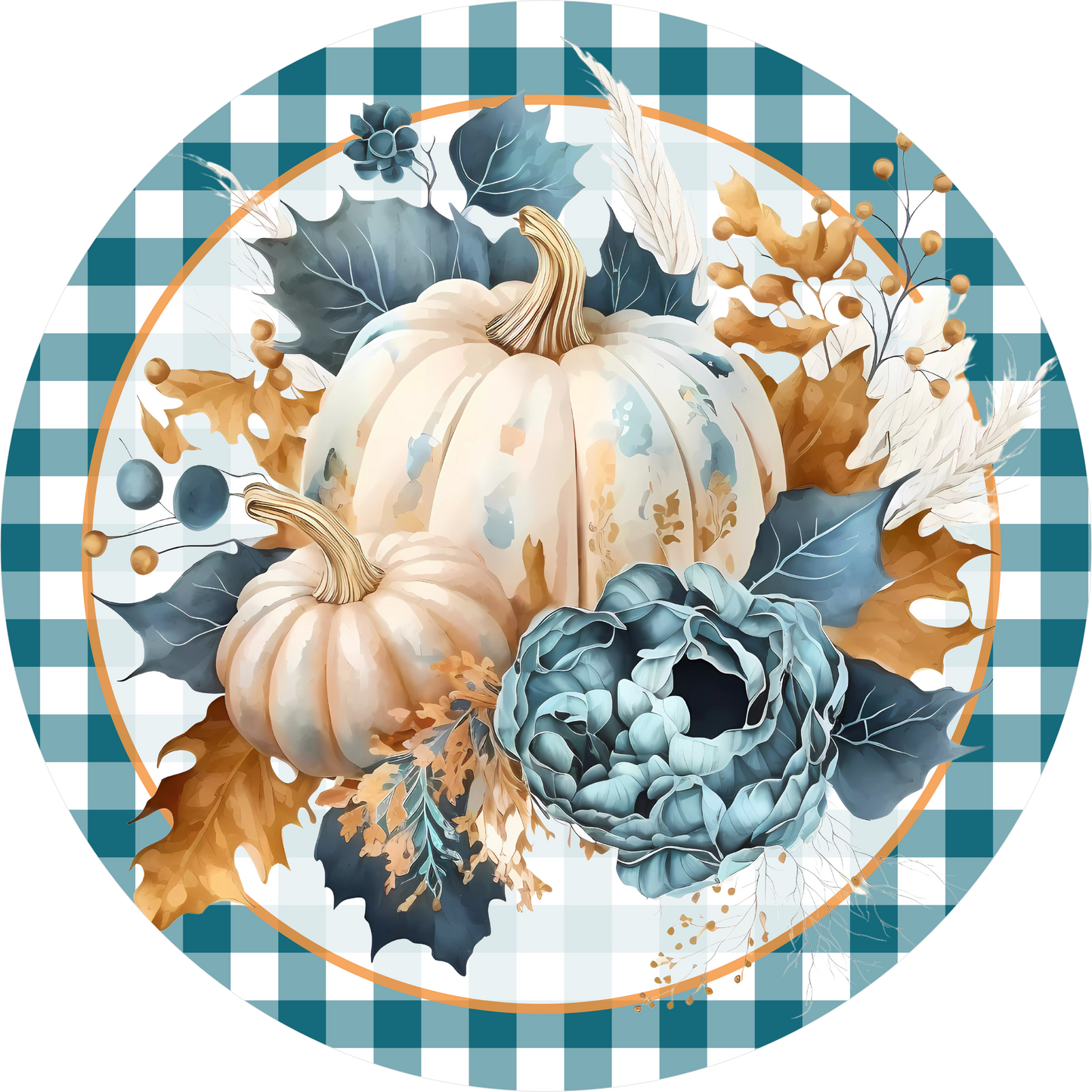 White Pumpkins Blue Peony Round Wreath Sign