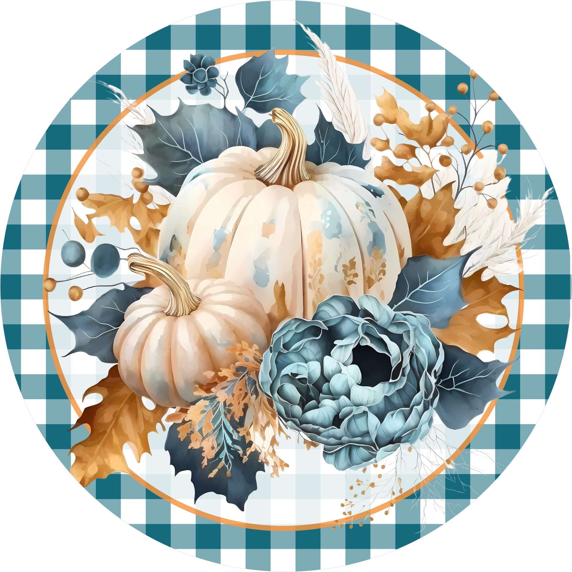 White Pumpkins Blue Peony Round Wreath Sign
