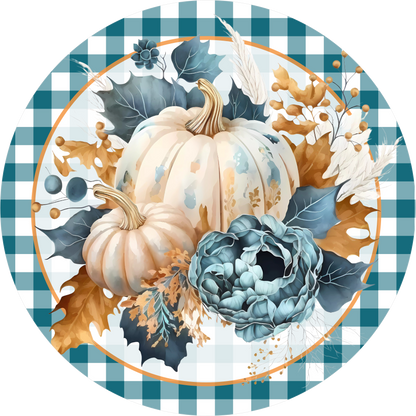 White Pumpkins Blue Peony Round Wreath Sign