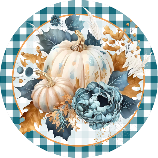 White Pumpkins Blue Peony Round Wreath Sign