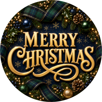 Merry in Green Tartan Plaid — Christmas Square Wreath Sign