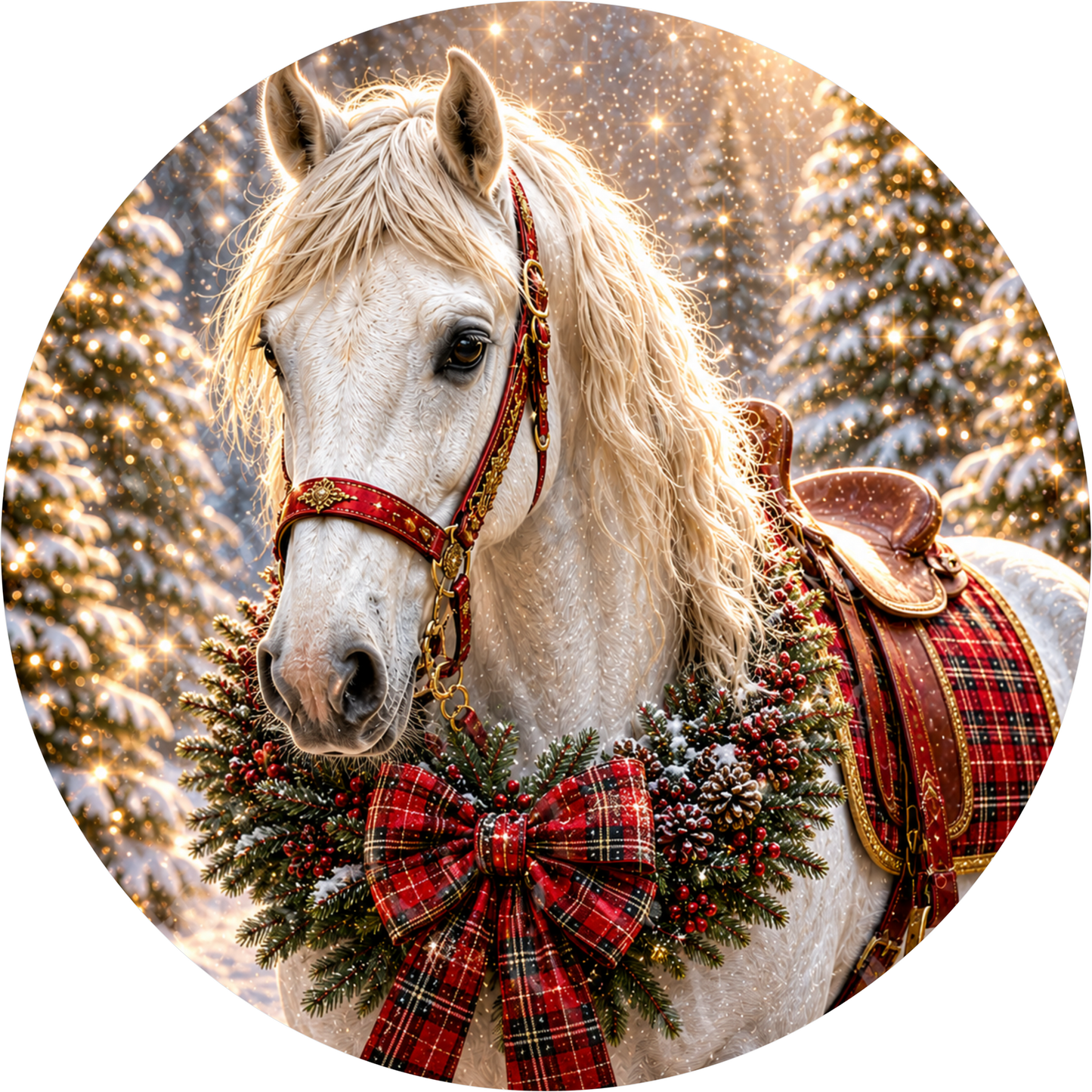 White Horse — Christmas Round Wreath Sign