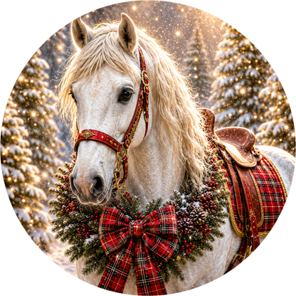White Horse — Christmas Round Wreath Sign