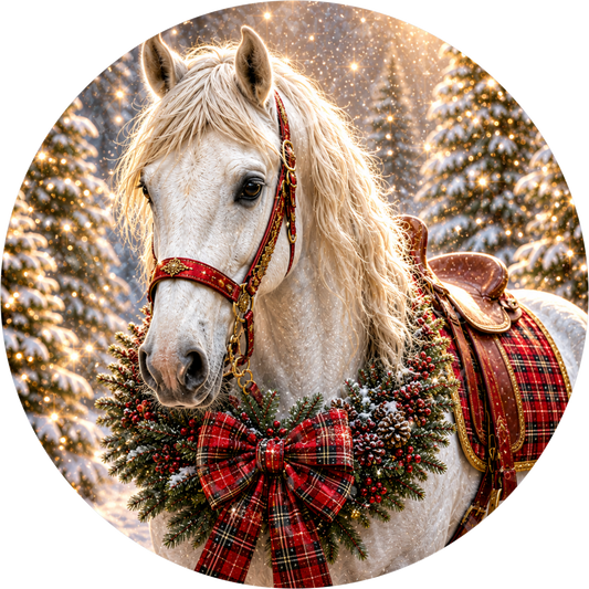 White Horse — Christmas Round Wreath Sign